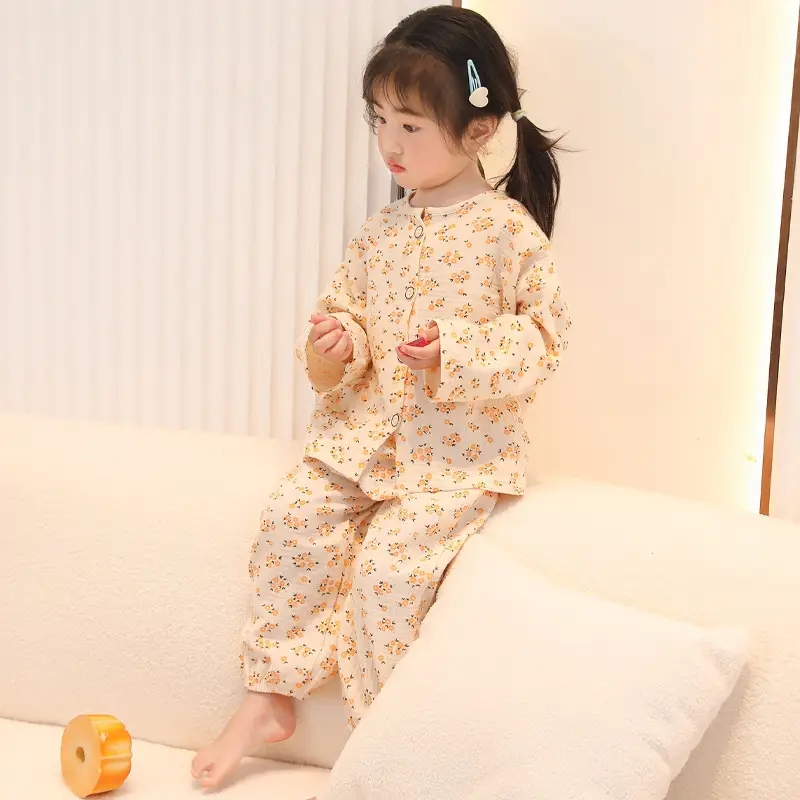 Children's double-layer cotton long-sleeved pajamas 2025 new summer casual cotton gauze suit boys and girls wholesale — feature 8