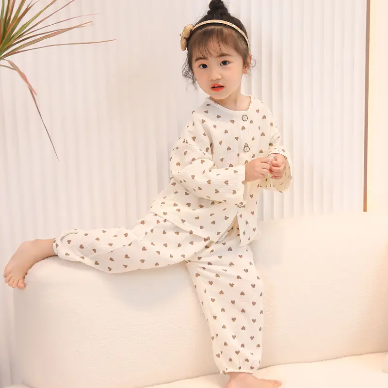 Children's double-layer cotton long-sleeved pajamas 2025 new summer casual cotton gauze suit boys and girls wholesale — feature 9