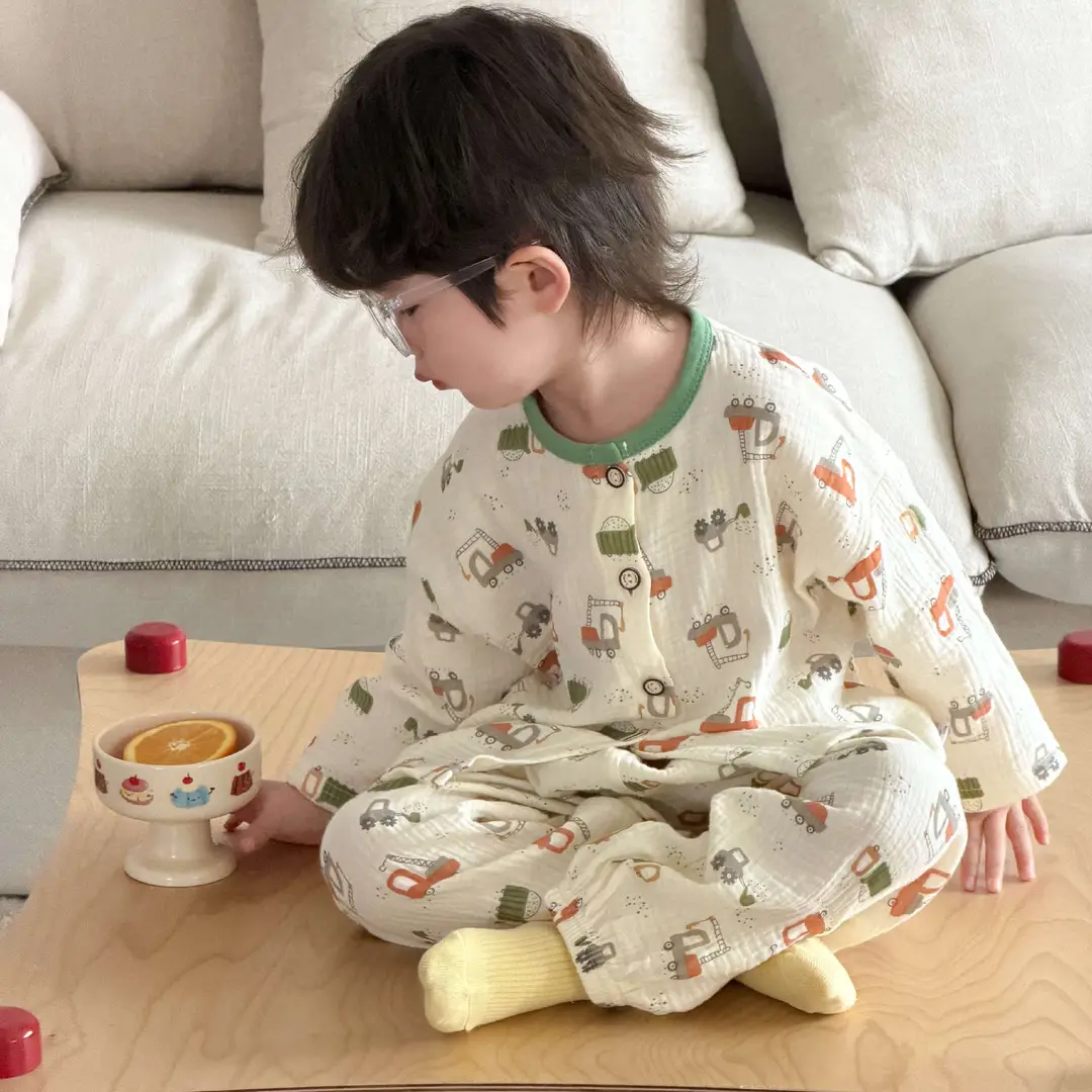 Children's double-layer cotton long-sleeved pajamas 2025 new summer casual cotton gauze suit boys and girls wholesale