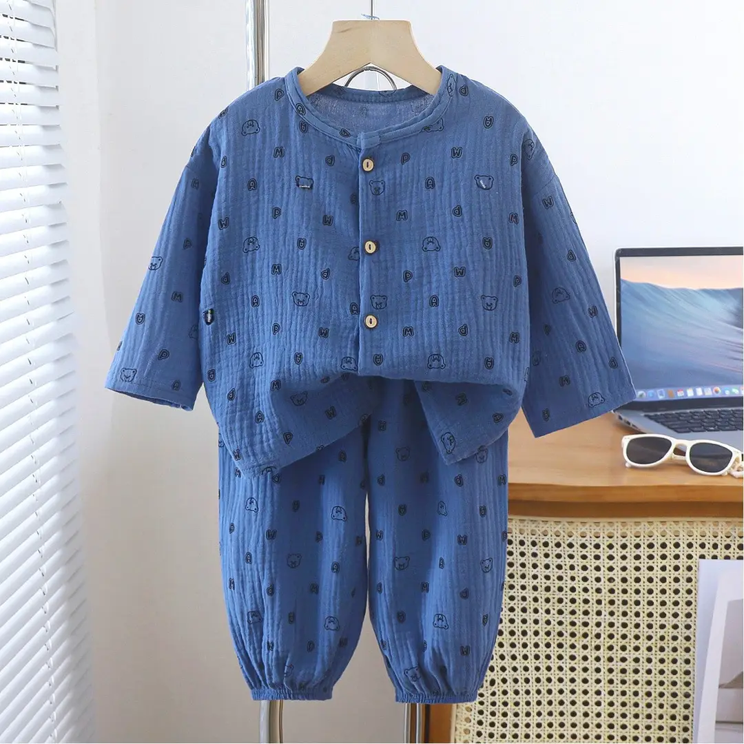Children's double-layer cotton long-sleeved pajamas 2025 new summer casual cotton gauze suit boys and girls wholesale