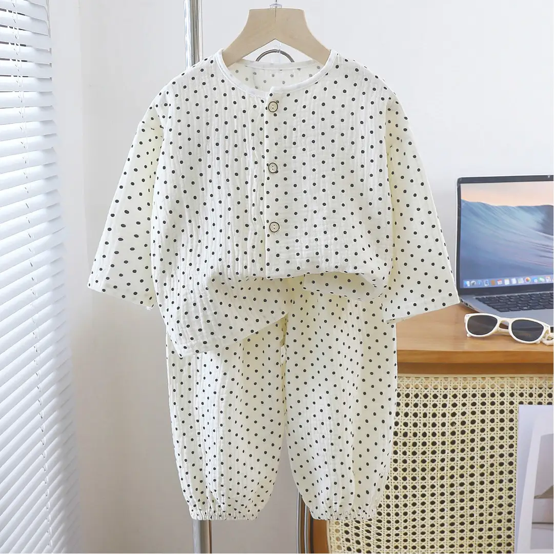 Children's double-layer cotton long-sleeved pajamas 2025 new summer casual cotton gauze suit boys and girls wholesale