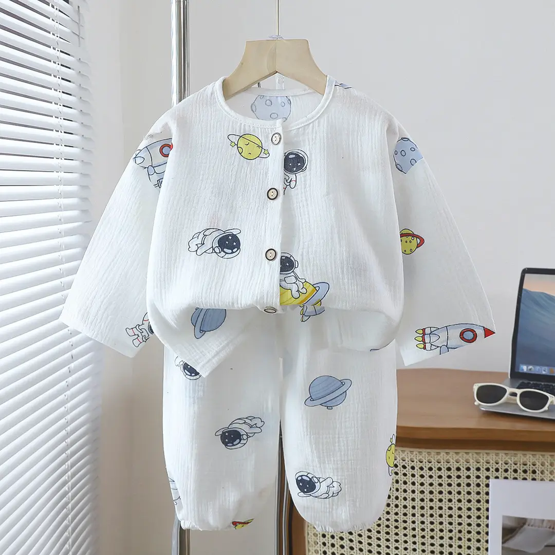 Children's double-layer cotton long-sleeved pajamas 2025 new summer casual cotton gauze suit boys and girls wholesale