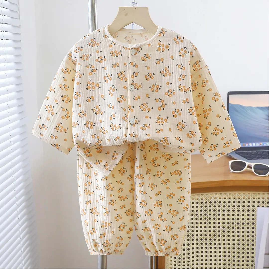 Children's double-layer cotton long-sleeved pajamas 2025 new summer casual cotton gauze suit boys and girls wholesale