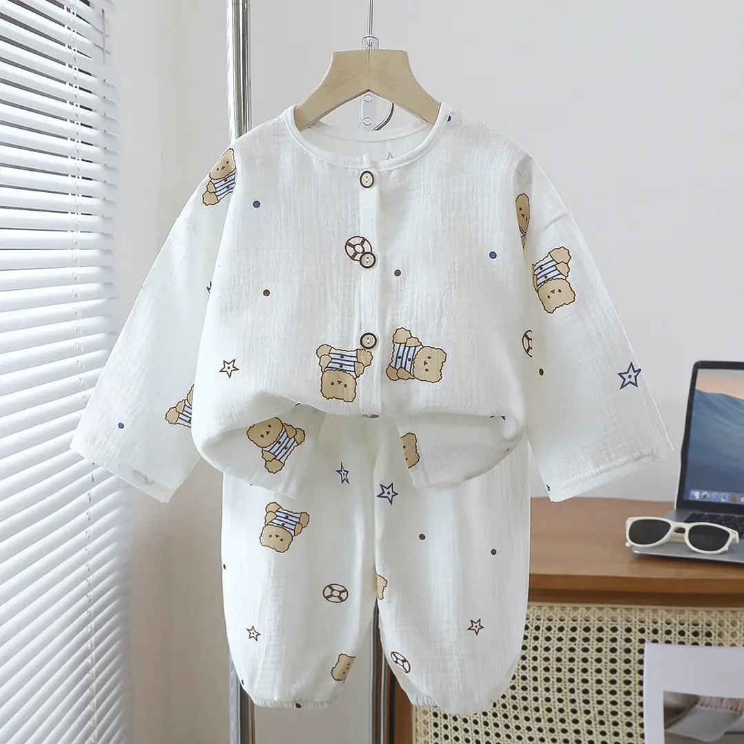 Children's double-layer cotton long-sleeved pajamas 2025 new summer casual cotton gauze suit boys and girls wholesale