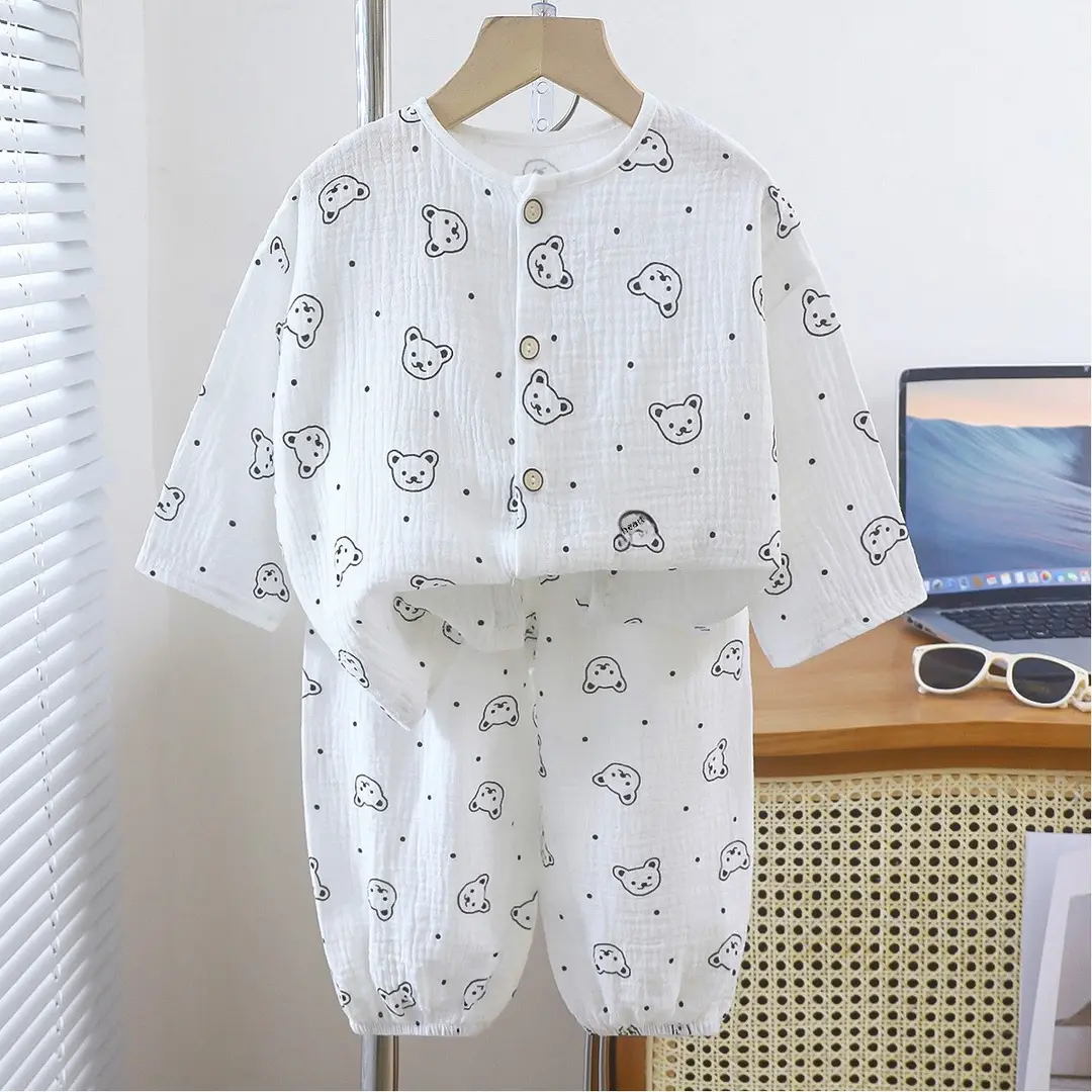 Children's double-layer cotton long-sleeved pajamas 2025 new summer casual cotton gauze suit boys and girls wholesale