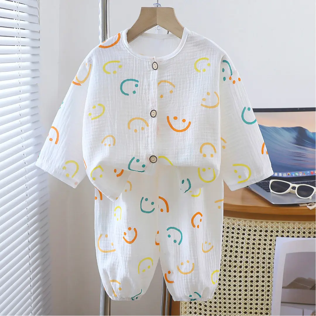 Children's double-layer cotton long-sleeved pajamas 2025 new summer casual cotton gauze suit boys and girls wholesale