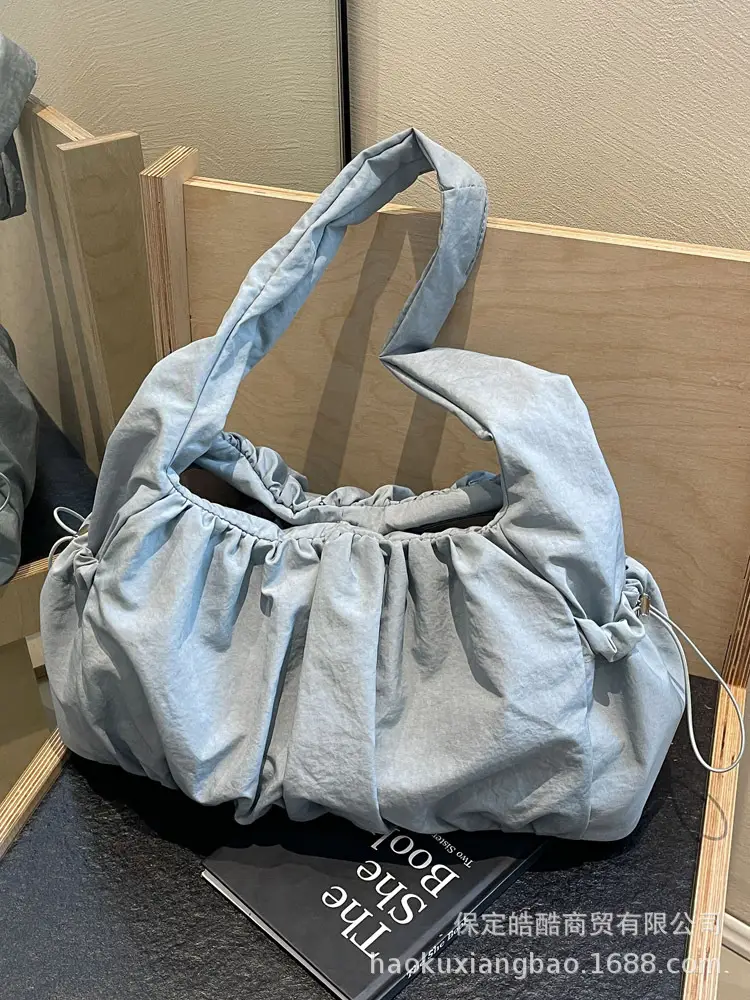 Women Pleated Canvas Shoulder Bag Light Grey Large Capacity - Image 5