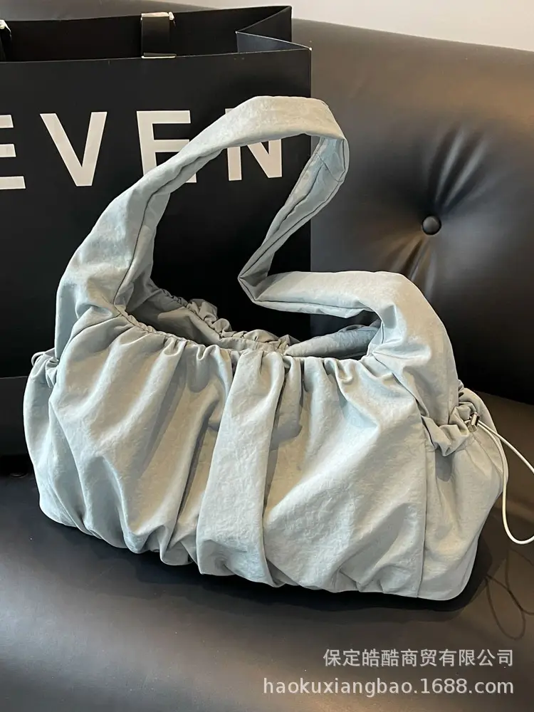 Women Pleated Canvas Shoulder Bag Light Grey Large Capacity - Image 7