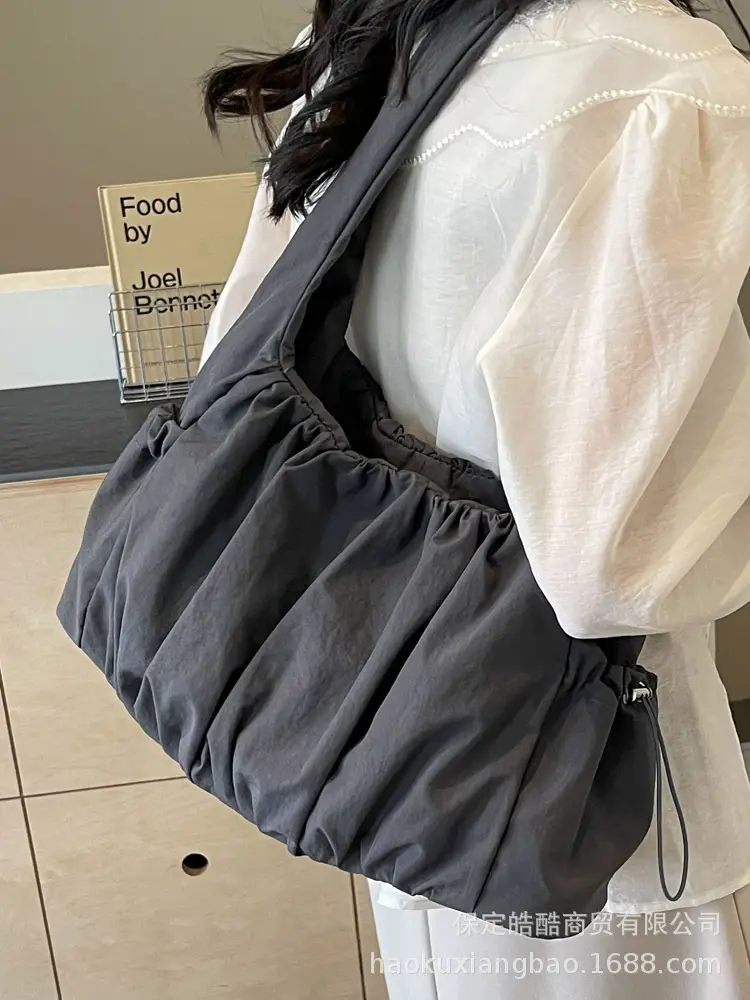 Women Pleated Canvas Shoulder Bag Light Grey Large Capacity - Image 8