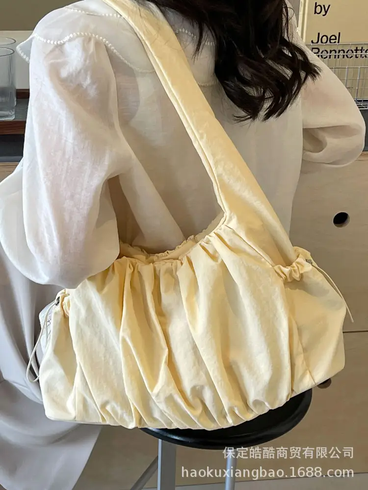 Women Pleated Canvas Shoulder Bag Light Grey Large Capacity - Image 9