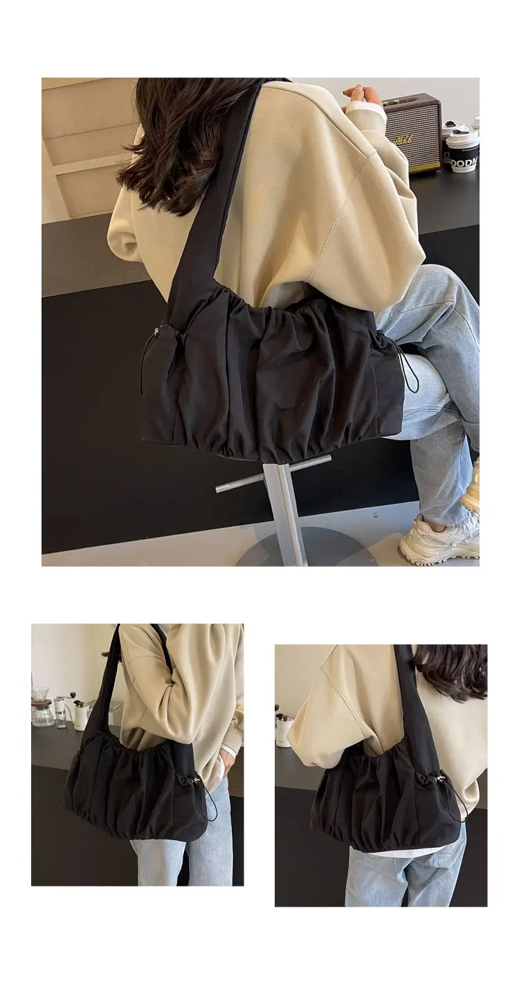 Women Pleated Canvas Shoulder Bag Light Grey Large Capacity — feature 10