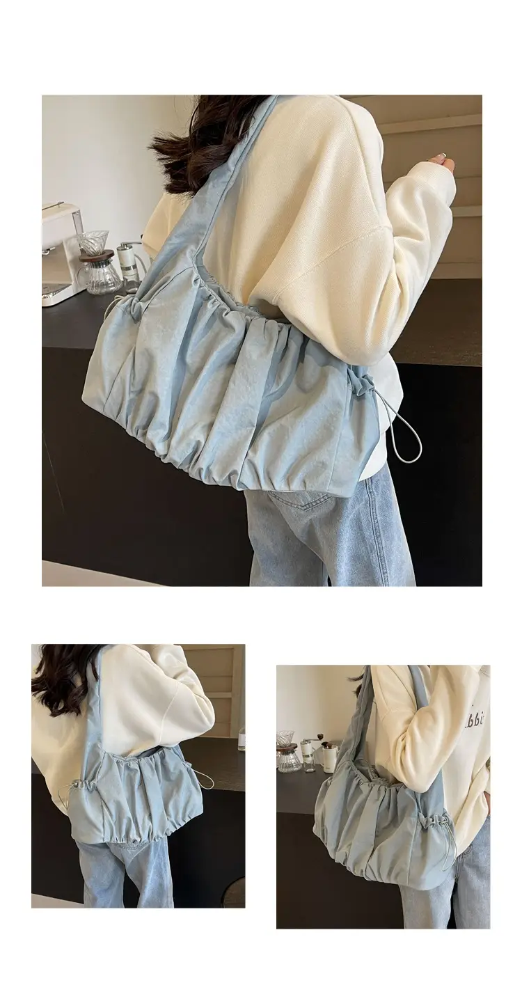 Women Pleated Canvas Shoulder Bag Light Grey Large Capacity — feature 11