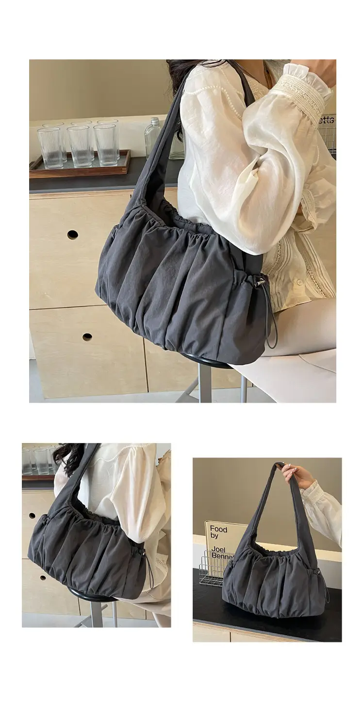 Women Pleated Canvas Shoulder Bag Light Grey Large Capacity — feature 12