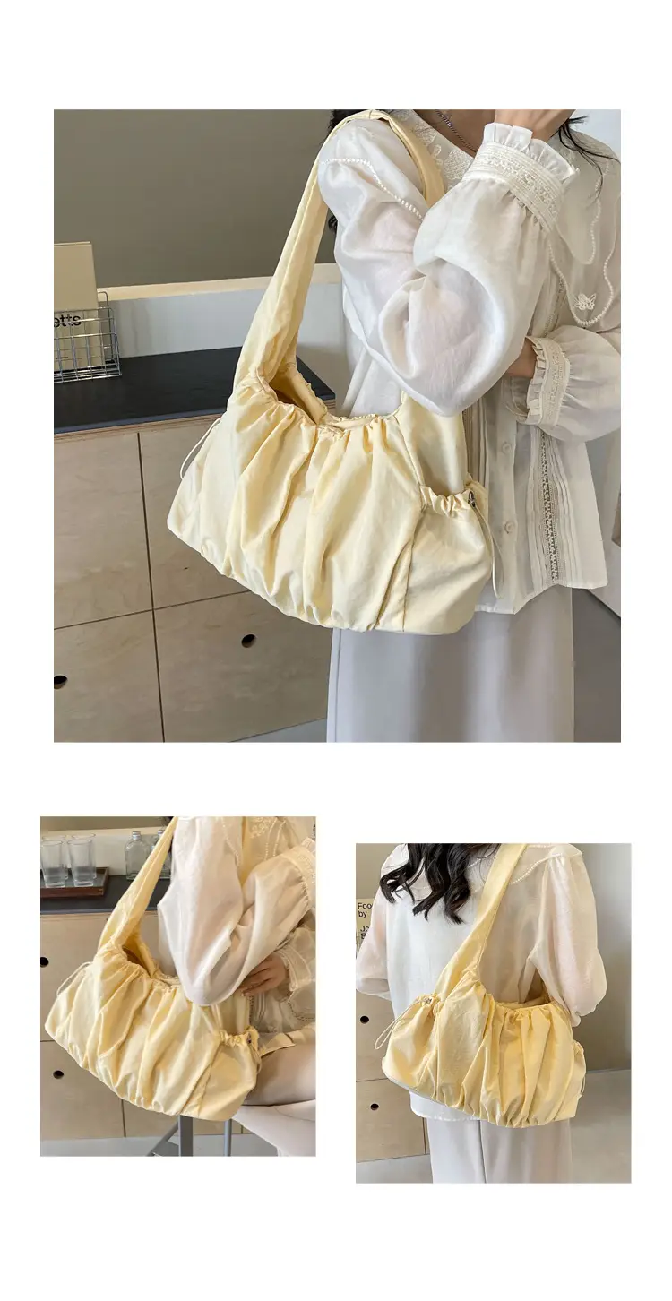 Women Pleated Canvas Shoulder Bag Light Grey Large Capacity — feature 13