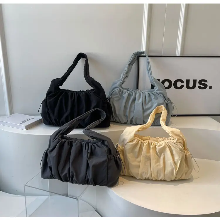 Women Pleated Canvas Shoulder Bag Light Grey Large Capacity — feature 14