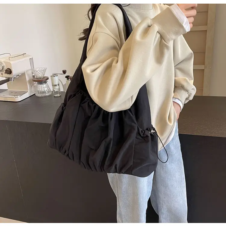Women Pleated Canvas Shoulder Bag Light Grey Large Capacity — feature 15