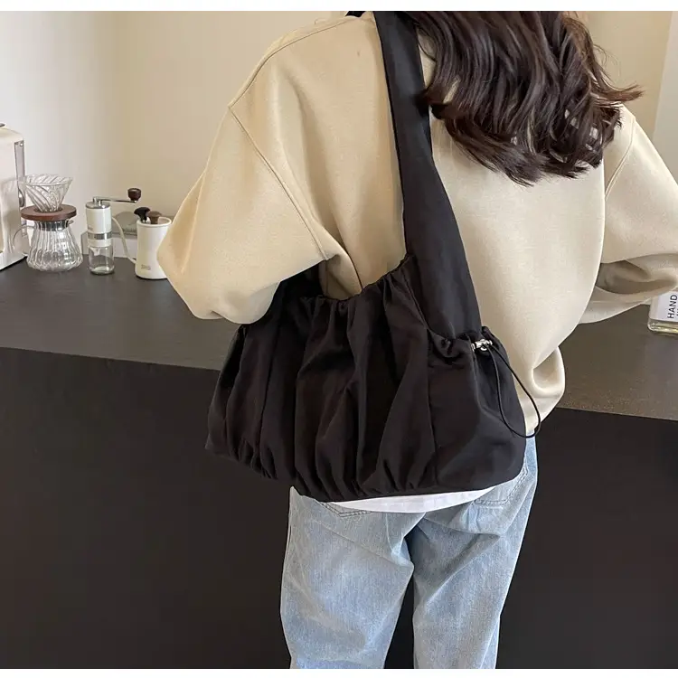 Women Pleated Canvas Shoulder Bag Light Grey Large Capacity — feature 16