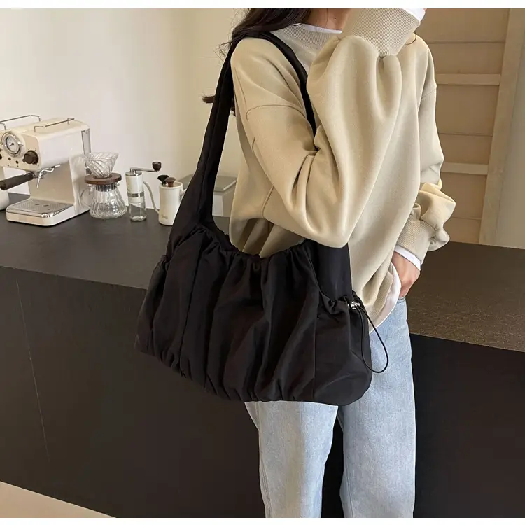 Women Pleated Canvas Shoulder Bag Light Grey Large Capacity — feature 17