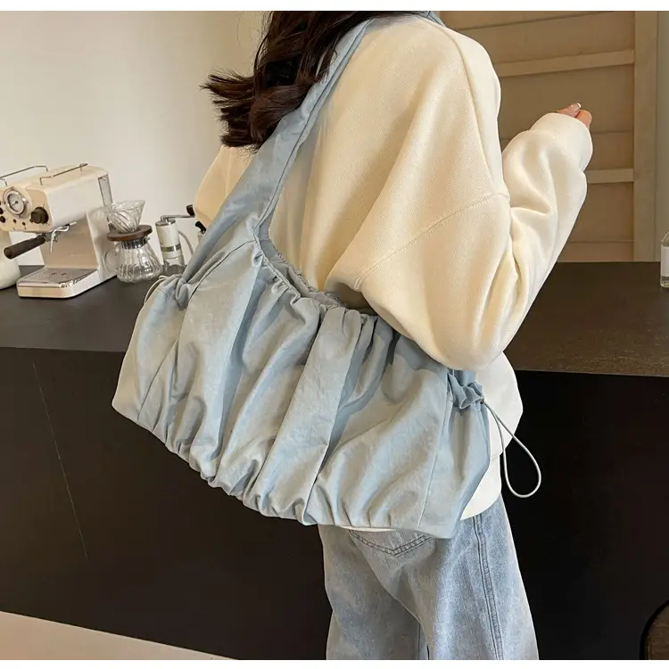 Women Pleated Canvas Shoulder Bag Light Grey Large Capacity — feature 18