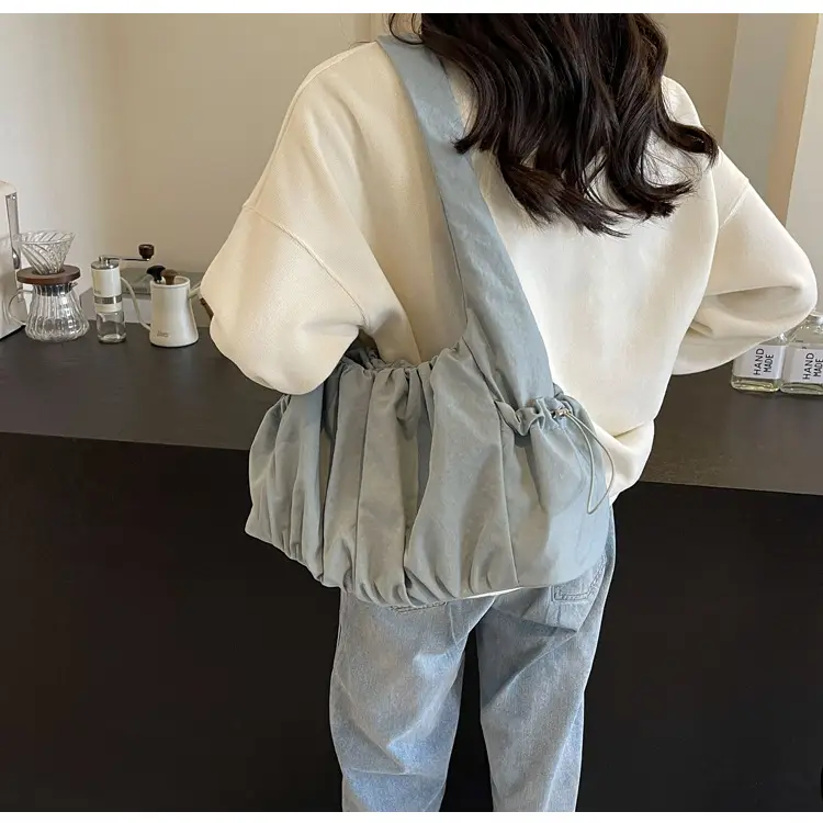 Women Pleated Canvas Shoulder Bag Light Grey Large Capacity — feature 20