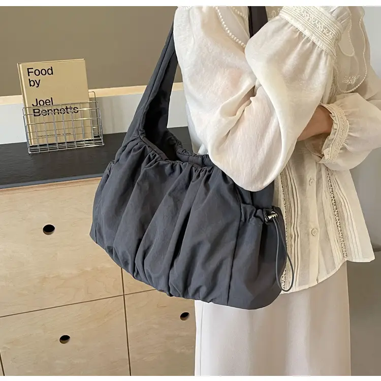 Women Pleated Canvas Shoulder Bag Light Grey Large Capacity — feature 21
