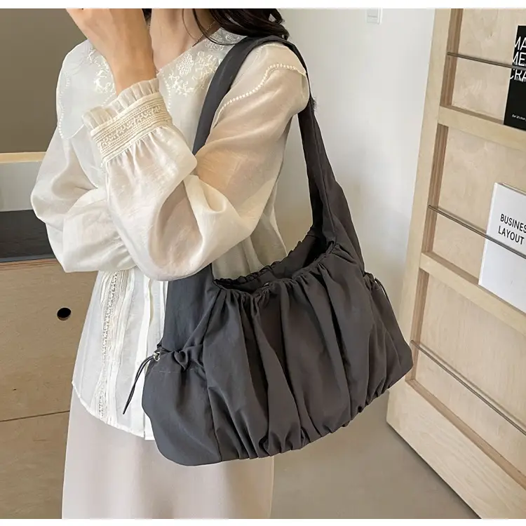 Women Pleated Canvas Shoulder Bag Light Grey Large Capacity — feature 23