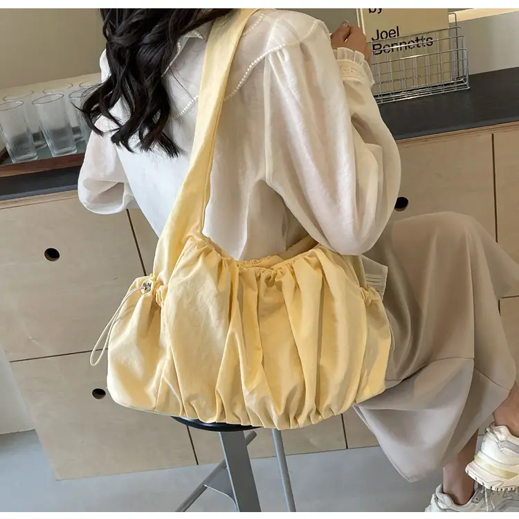Women Pleated Canvas Shoulder Bag Light Grey Large Capacity — feature 25