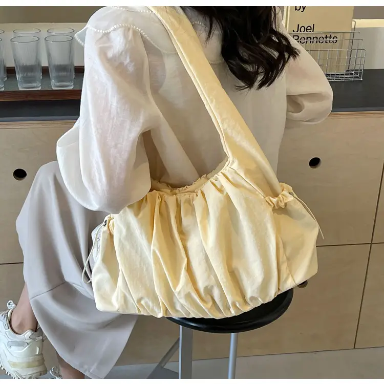 Women Pleated Canvas Shoulder Bag Light Grey Large Capacity — feature 26