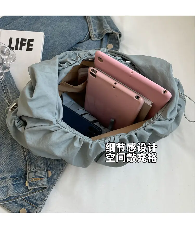 Women Pleated Canvas Shoulder Bag Light Grey Large Capacity — feature 8