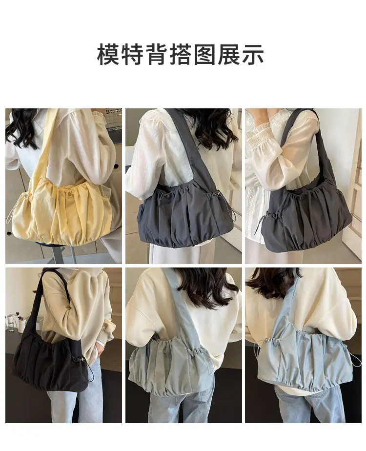 Women Pleated Canvas Shoulder Bag Light Grey Large Capacity — feature 9