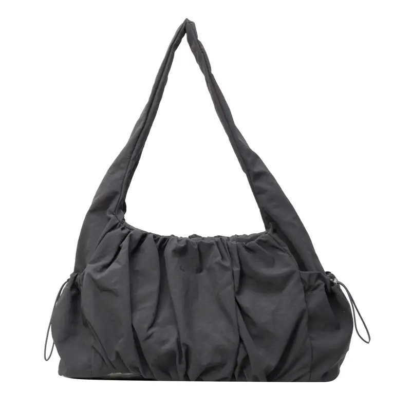 Women Pleated Canvas Shoulder Bag Light Grey Large Capacity - Image 2