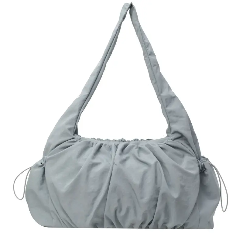 Women Pleated Canvas Shoulder Bag Light Grey Large Capacity - Image 3