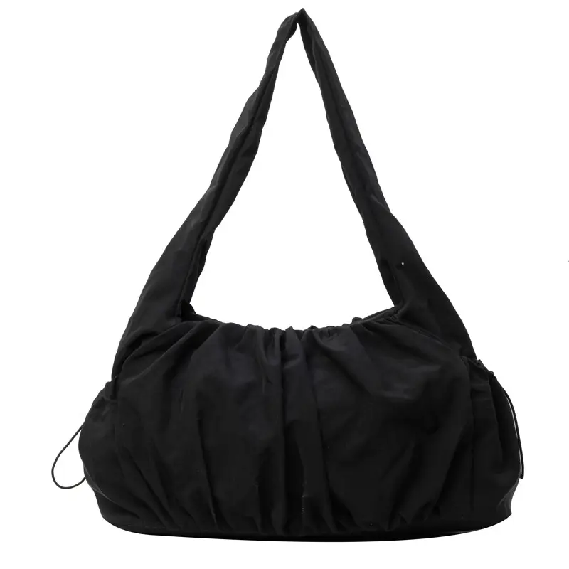 Women Pleated Canvas Shoulder Bag Light Grey Large Capacity - Image 4