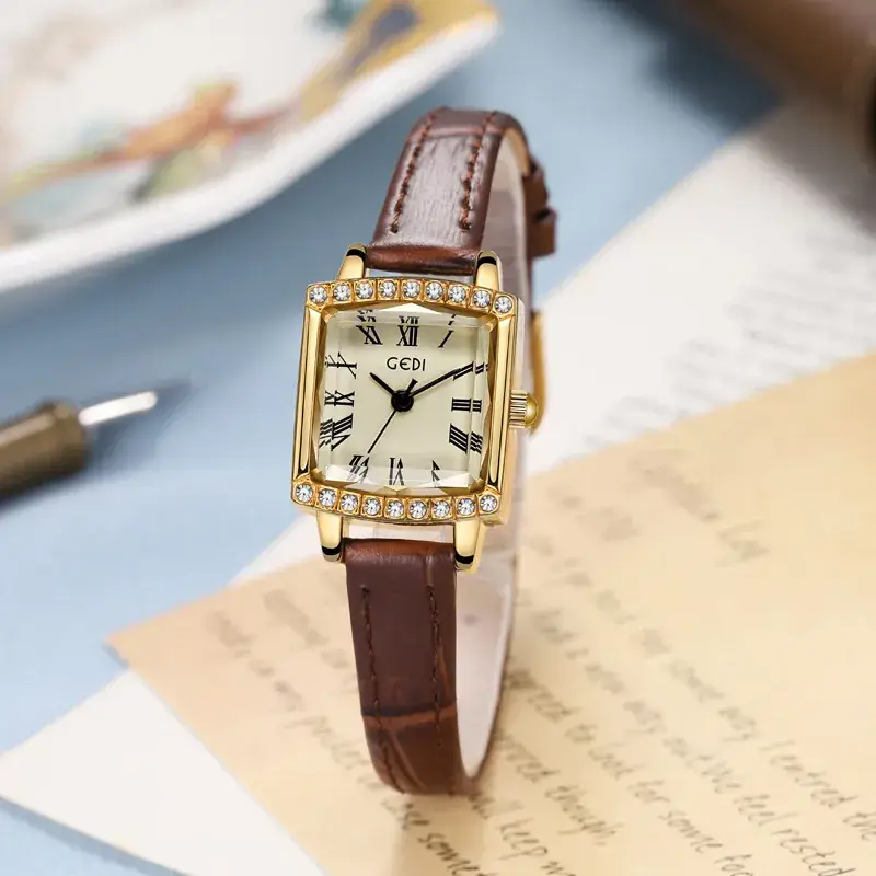 Gold Square Plate Women's Quartz Watch with Black Strap - Image 3