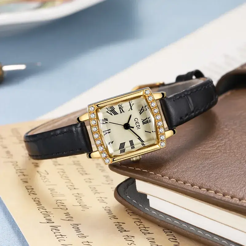 Gold Square Plate Women's Quartz Watch with Black Strap - Image 4