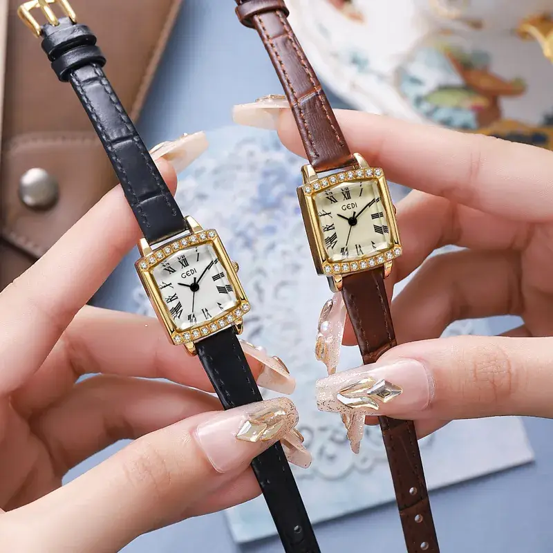 Gold Square Plate Women's Quartz Watch with Black Strap - Image 5