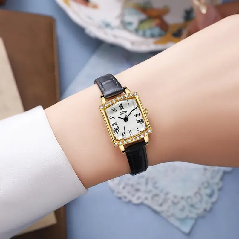 Gold Square Plate Women's Quartz Watch with Black Strap - Image 6