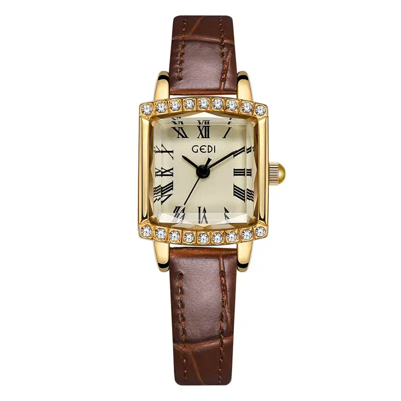 Gold Square Plate Women's Quartz Watch with Black Strap - Image 2