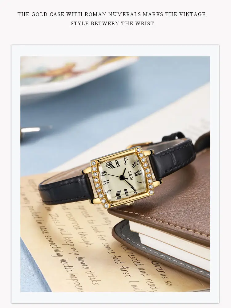 Gold Square Plate Women's Quartz Watch with Black Strap — feature 10