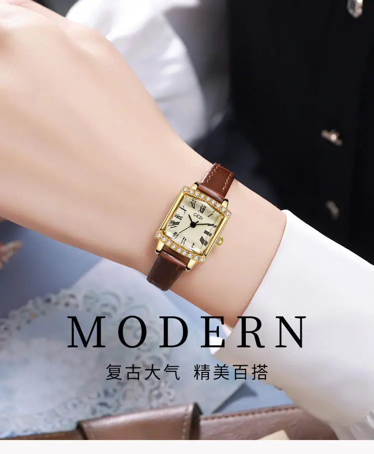 Gold Square Plate Women's Quartz Watch with Black Strap — feature 2