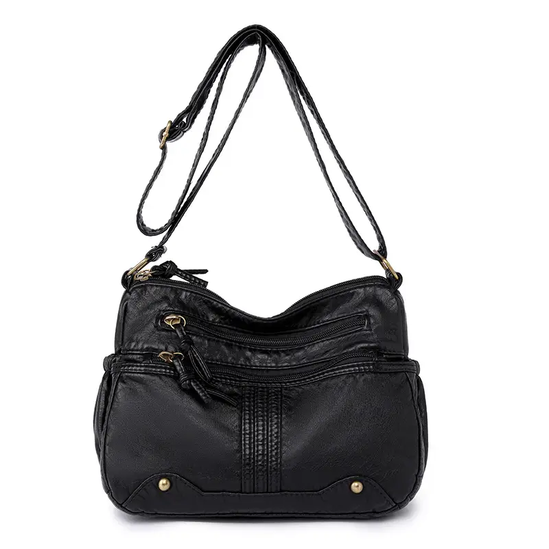 Black Washable Leather Crossbody Bag for Women - Image 6