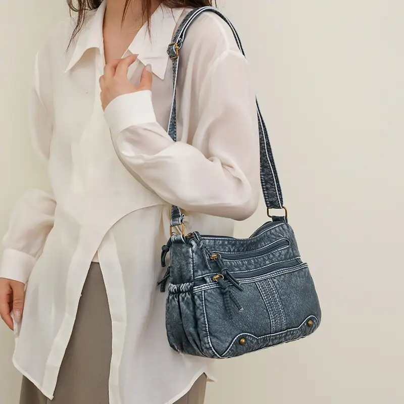 Black Washable Leather Crossbody Bag for Women - Image 7