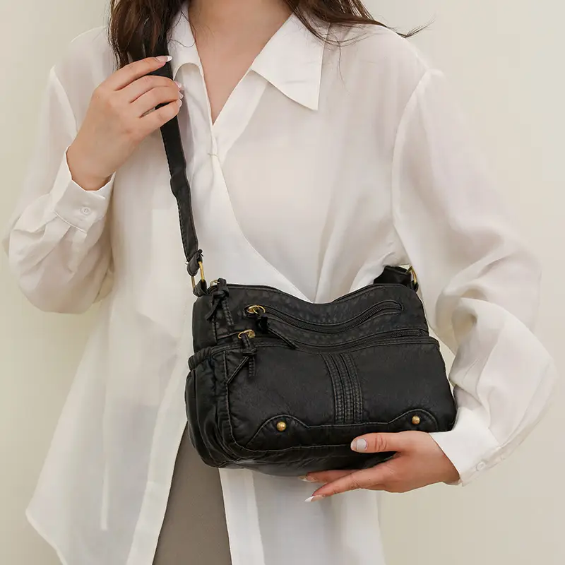 Black Washable Leather Crossbody Bag for Women - Image 8