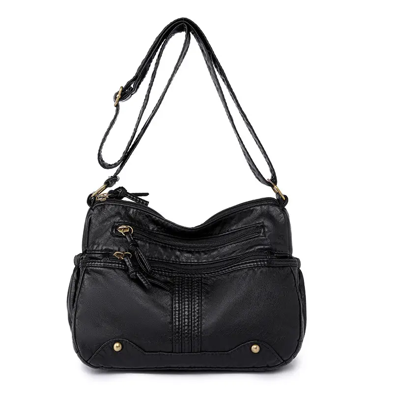 Black Washable Leather Crossbody Bag for Women - Image 9