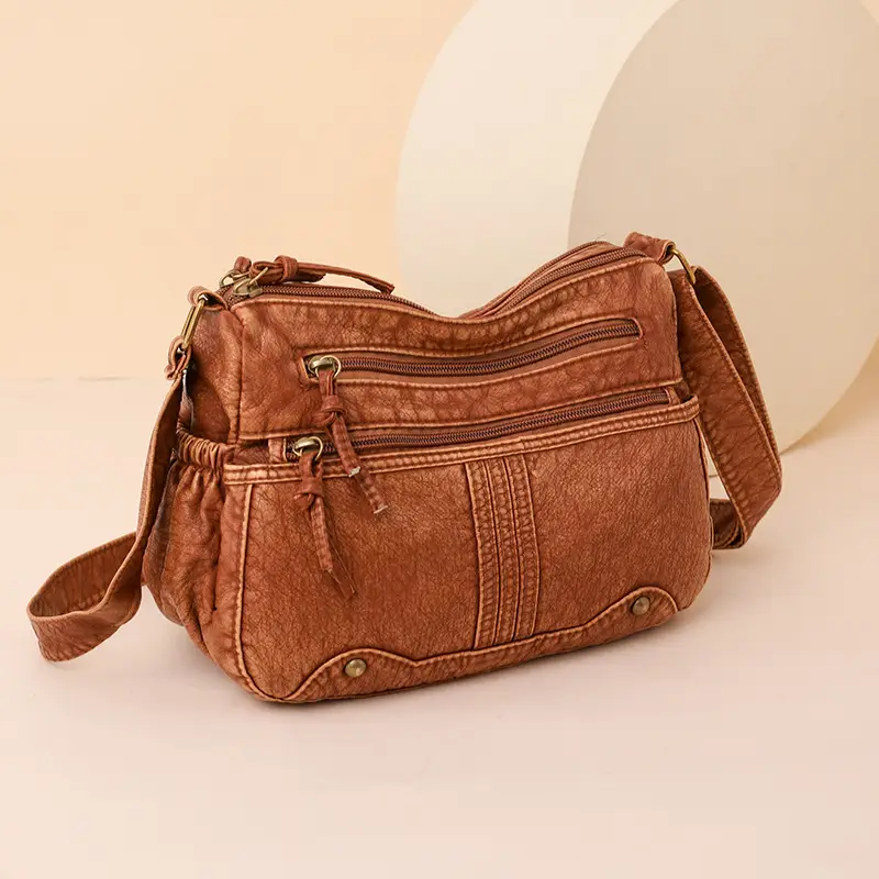 Black Washable Leather Crossbody Bag for Women - Image 3