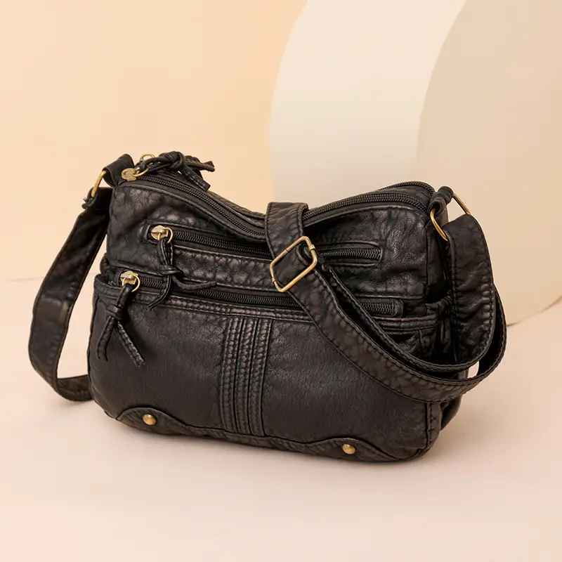 Black Washable Leather Crossbody Bag for Women - Image 4