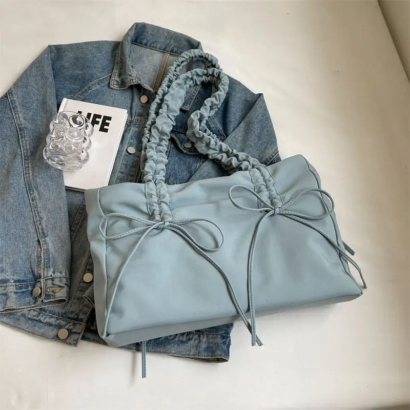 Light Blue Pleated Shoulder Bag for Women 2024 Spring Summer