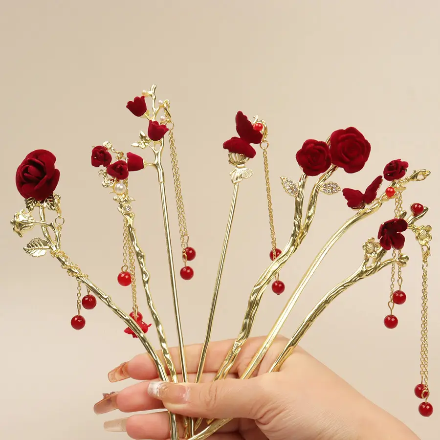 Flower Hairpin with Butterfly & Tassel Design