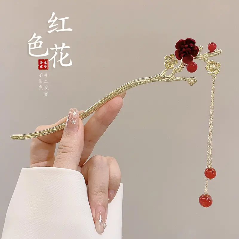 Flower Hairpin with Butterfly & Tassel Design