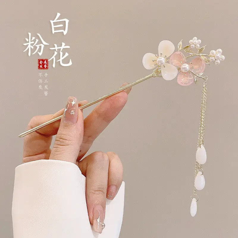 Flower Hairpin with Butterfly & Tassel Design
